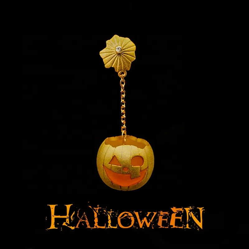 All Saints' Day Gold Vermeil S925 Silver Moissanite Earrings with Cute Halloween Pumpkin Tassel Drop Fine Jewelry for Parties