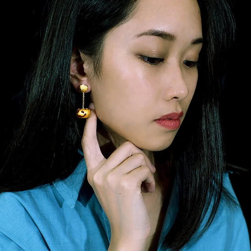 All Saints' Day Gold Vermeil S925 Silver Moissanite Earrings with Cute Halloween Pumpkin Tassel Drop Fine Jewelry for Parties