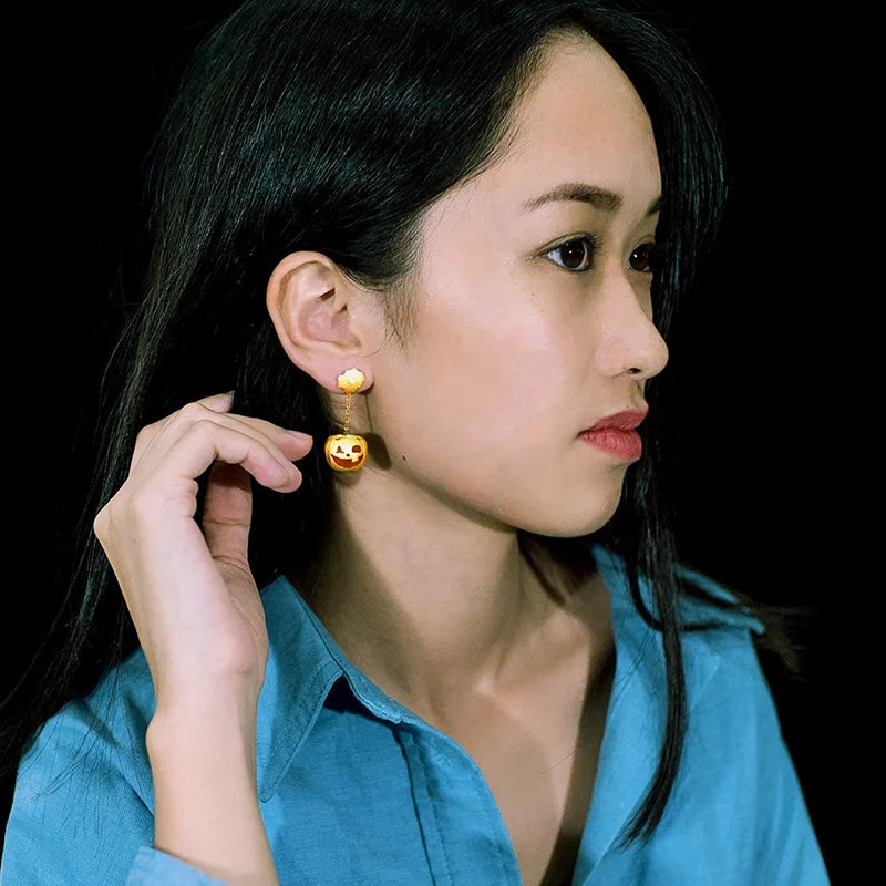 All Saints' Day Gold Vermeil S925 Silver Moissanite Earrings with Cute Halloween Pumpkin Tassel Drop Fine Jewelry for Parties