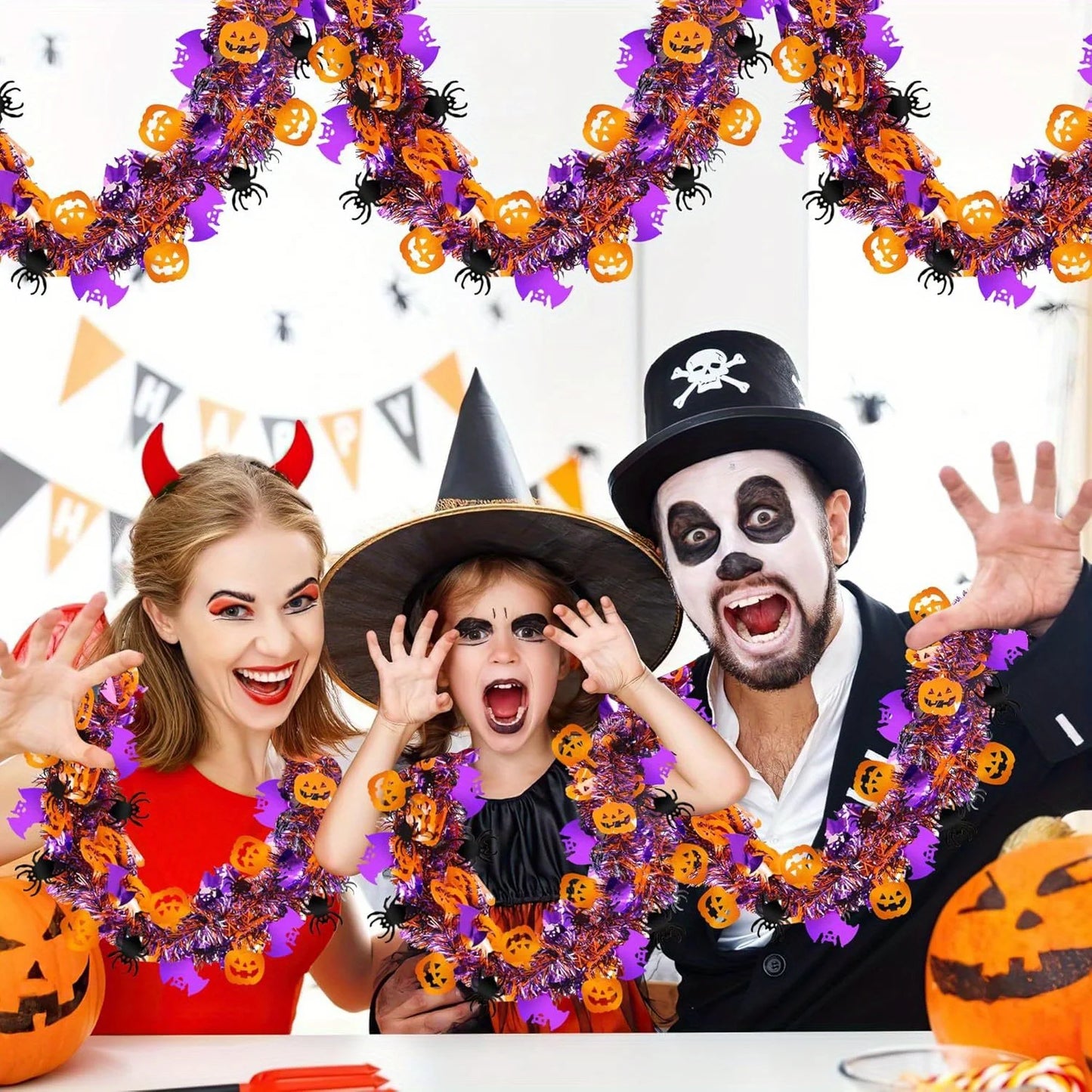 2m Halloween Tinsel Garland with Orange Pumpkins, Black Spiders & Purple Bats - Shiny Metallic Twist Garland