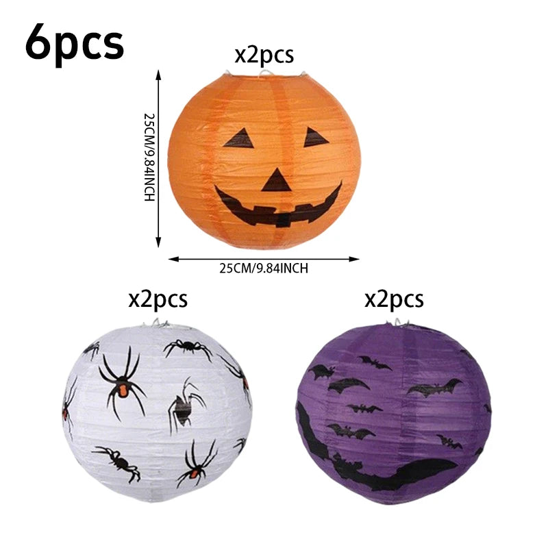 6pcs Halloween Paper Lanterns Pumpkin Spider Bat Theme Party Decorations For Halloween Outdoor Indoor Festive Atmosphere Enhance