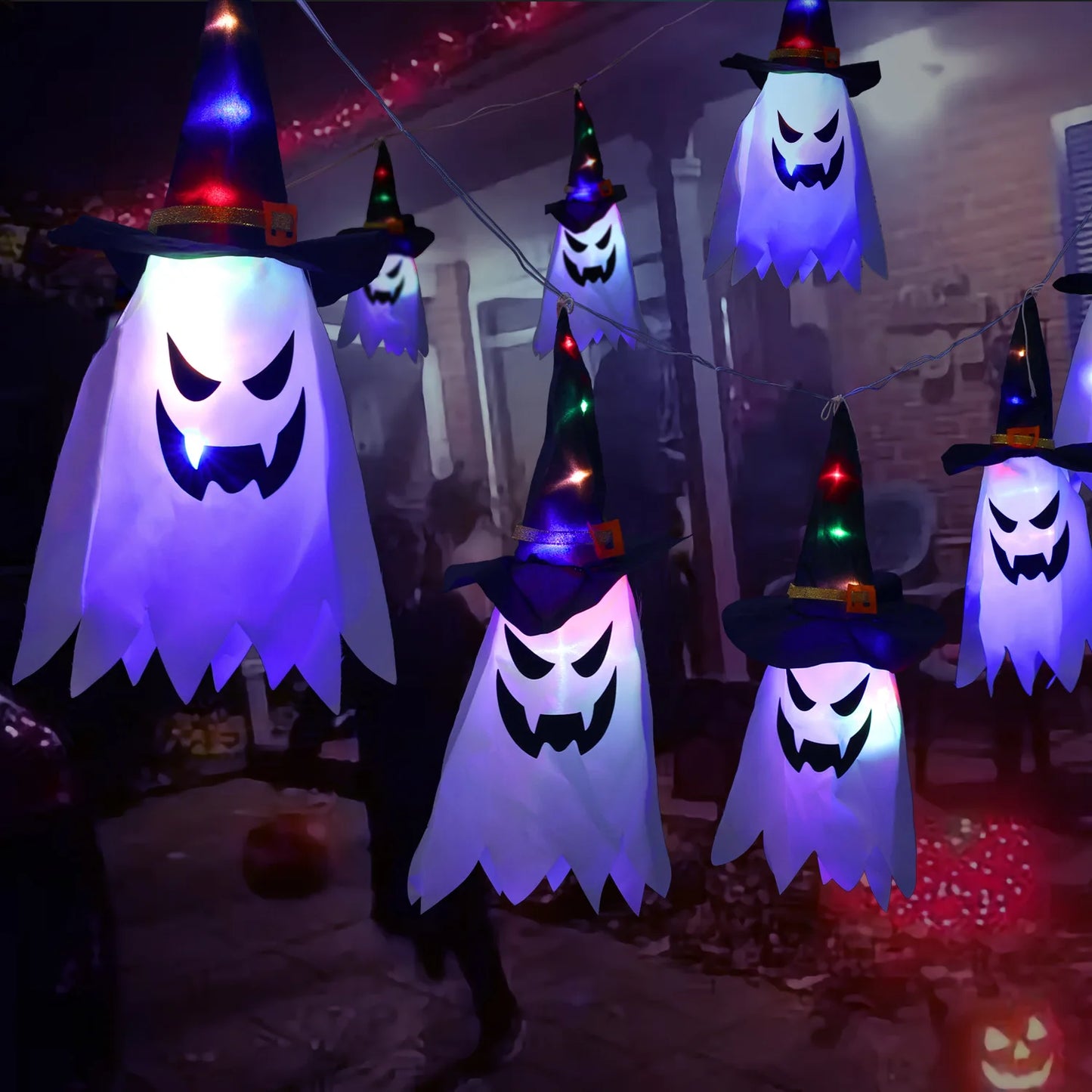 Halloween Decoration Pendant Outdoor Courtyard Eaves Railing Hanging Wizard Ghost Hat LED Pendant Light Home Bar Horror Props