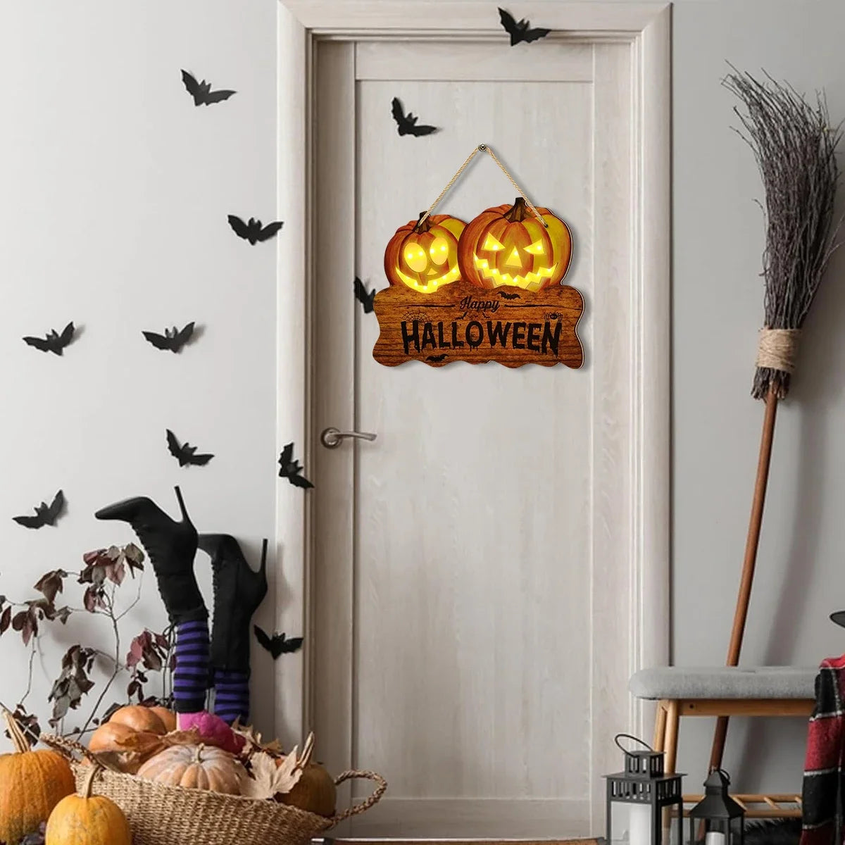Light up the wooden Halloween sign with two jack-o'-lantern pumpkin lanterns for festive home decoration