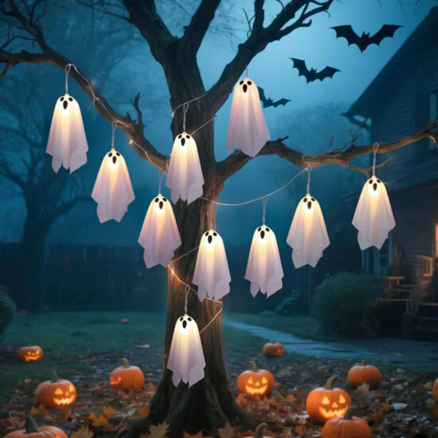 Ghost Halloween Lights, 8 Modes Waterproof String Garland, Indoor Outdoor Decorations for Party, Haunted House, Fireplace, Porch