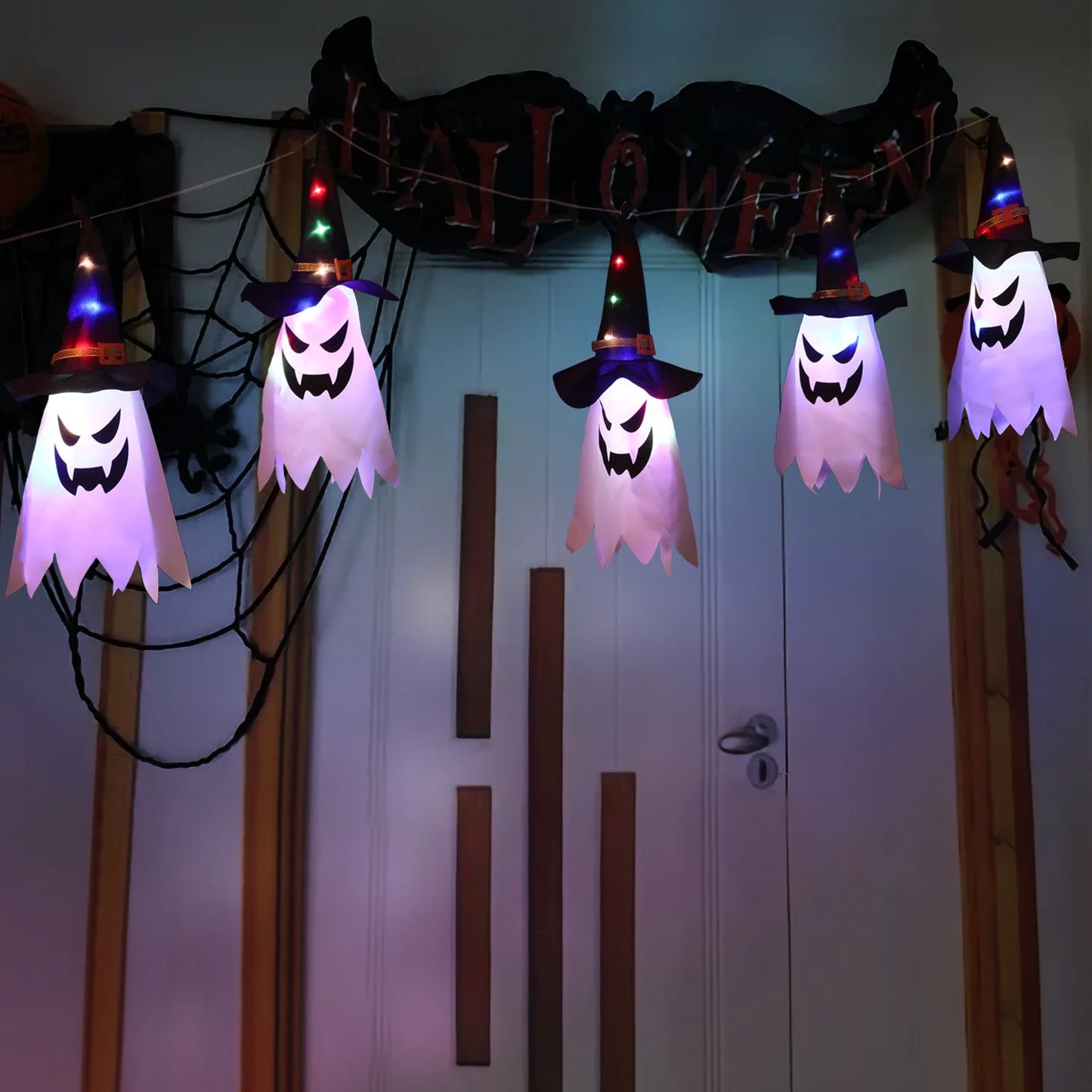 Halloween Decoration Pendant Outdoor Courtyard Eaves Railing Hanging Wizard Ghost Hat LED Pendant Light Home Bar Horror Props