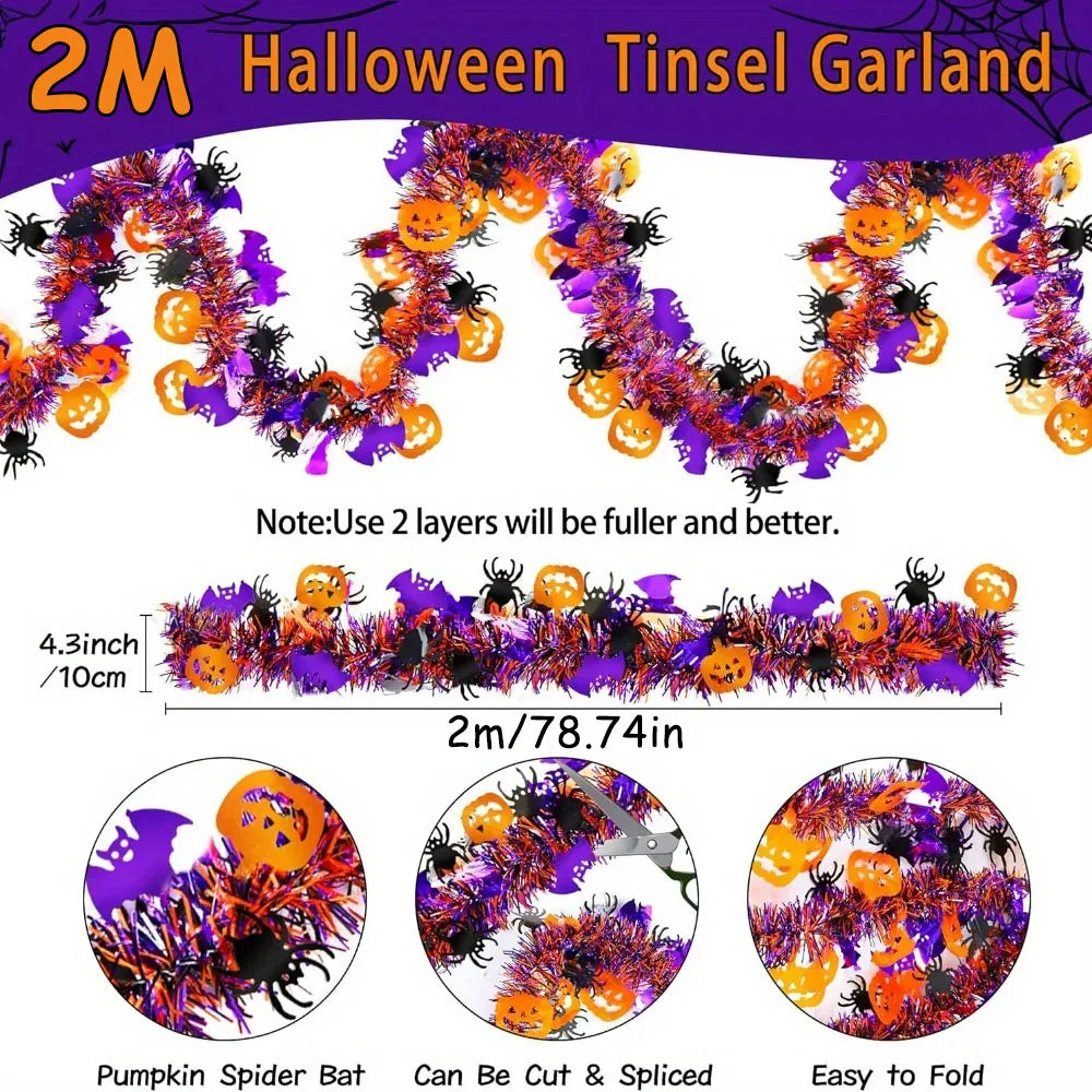 2m Halloween Tinsel Garland with Orange Pumpkins, Black Spiders & Purple Bats - Shiny Metallic Twist Garland
