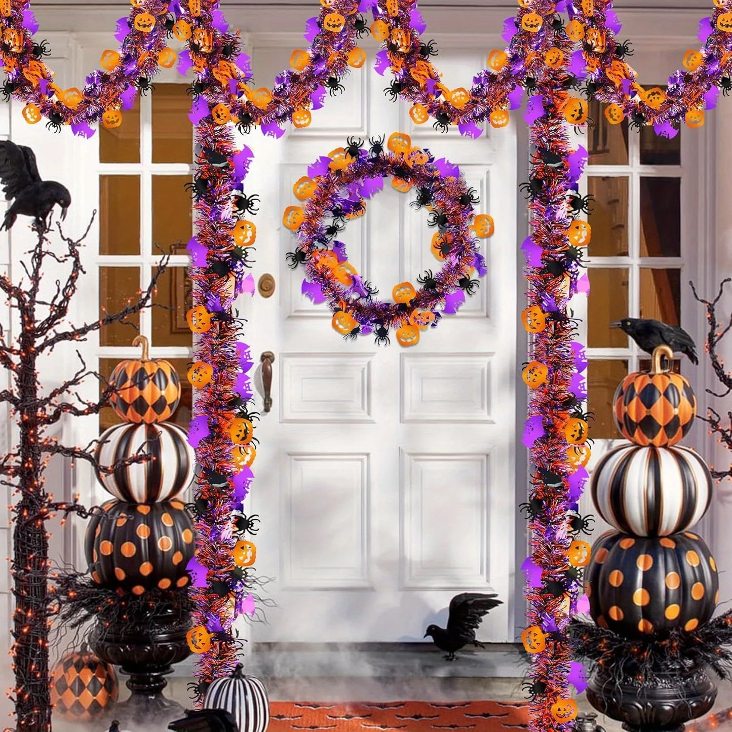 2m Halloween Tinsel Garland with Orange Pumpkins, Black Spiders & Purple Bats - Shiny Metallic Twist Garland