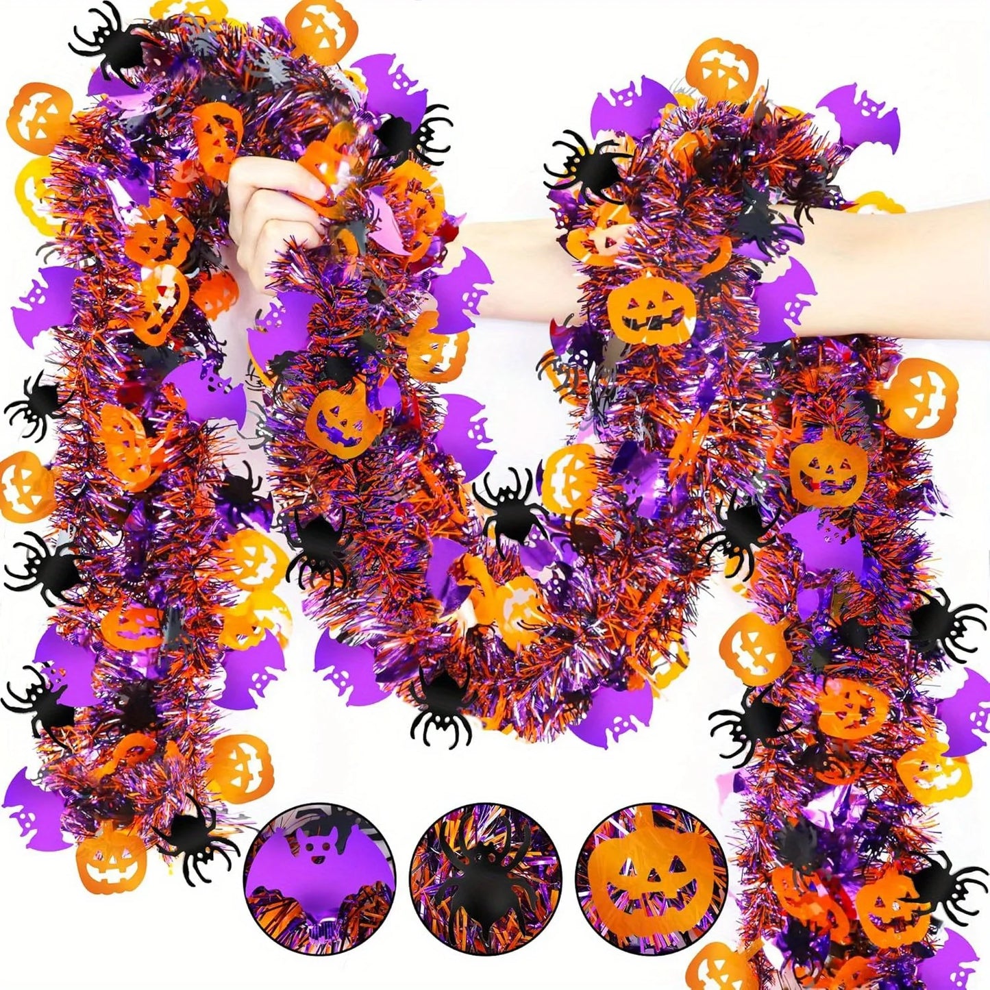 2m Halloween Tinsel Garland with Orange Pumpkins, Black Spiders & Purple Bats - Shiny Metallic Twist Garland