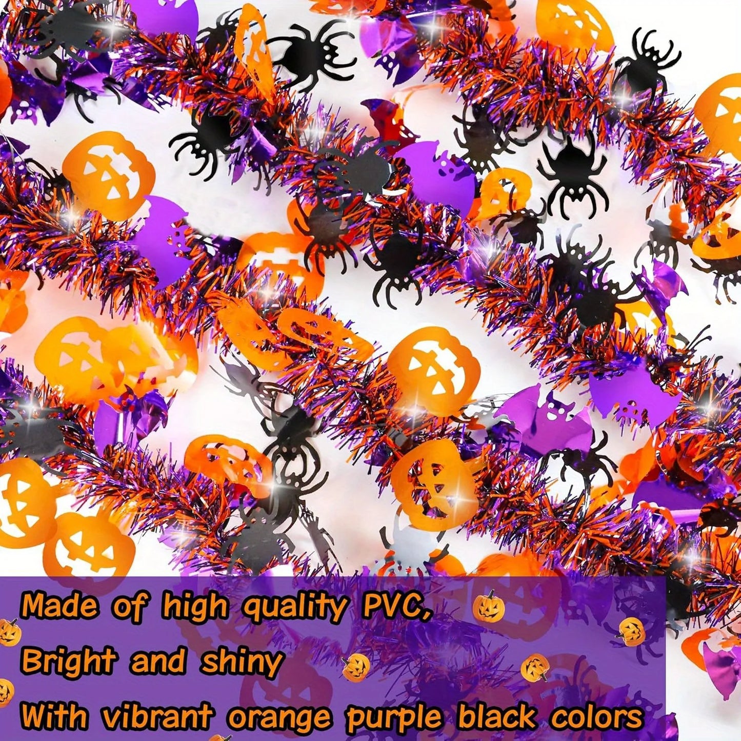 2m Halloween Tinsel Garland with Orange Pumpkins, Black Spiders & Purple Bats - Shiny Metallic Twist Garland