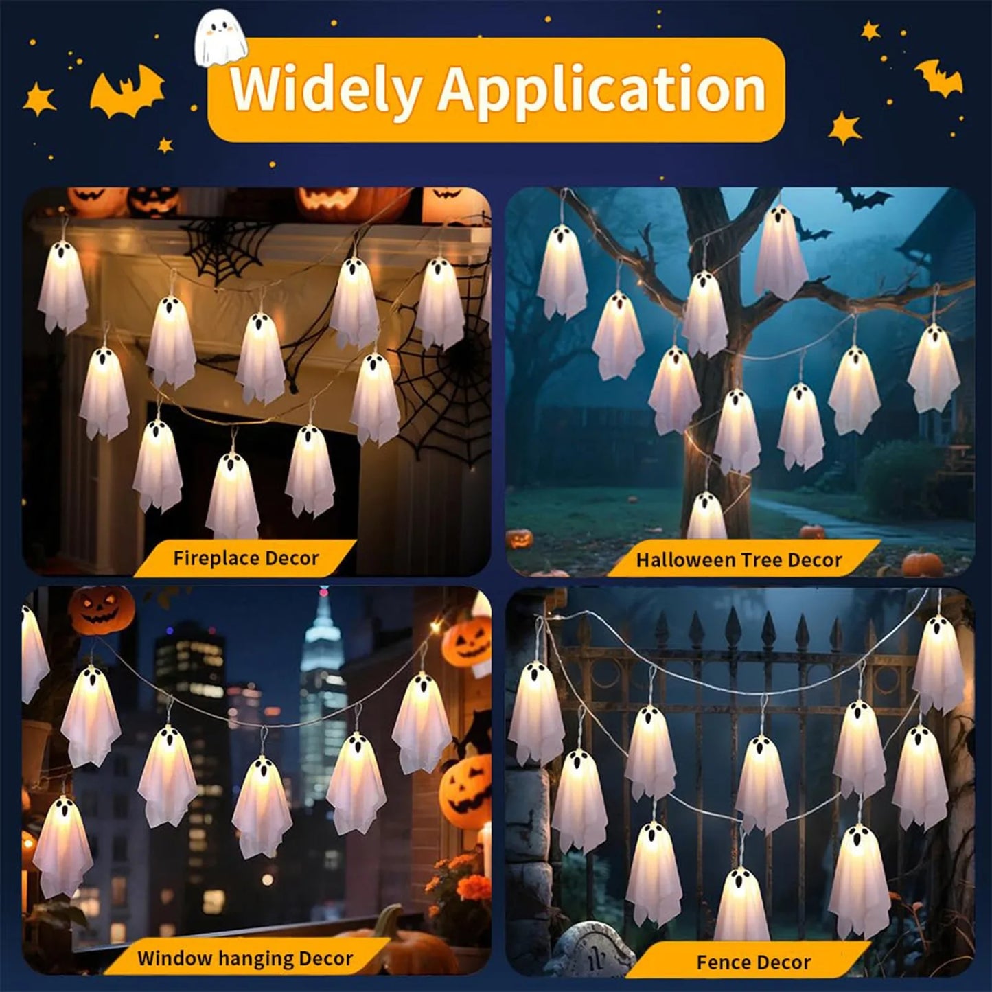 Ghost Halloween Lights, 8 Modes Waterproof String Garland, Indoor Outdoor Decorations for Party, Haunted House, Fireplace, Porch