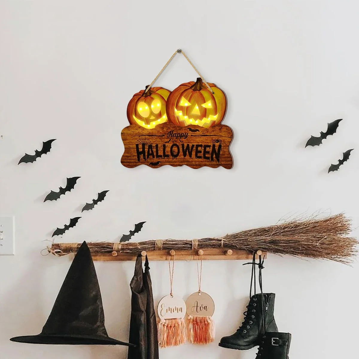 Light up the wooden Halloween sign with two jack-o'-lantern pumpkin lanterns for festive home decoration
