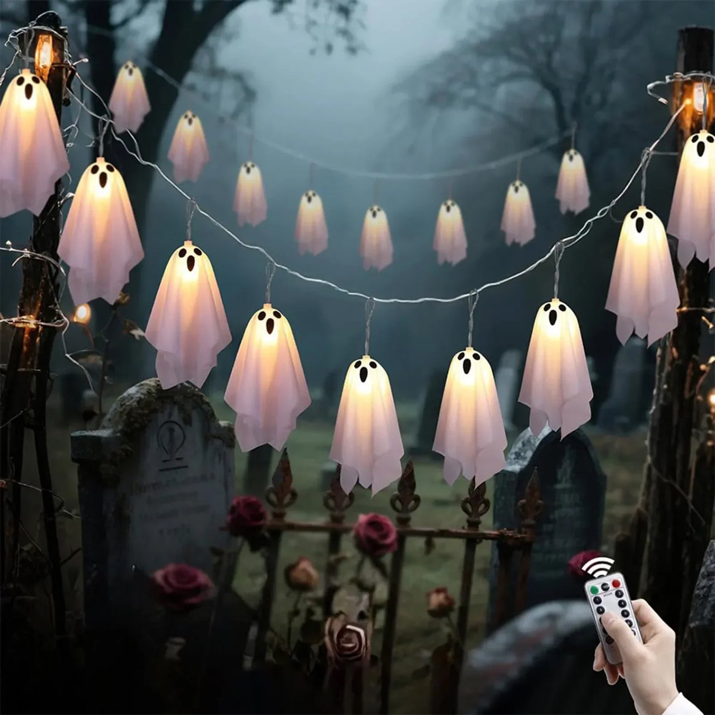 Ghost Halloween Lights, 8 Modes Waterproof String Garland, Indoor Outdoor Decorations for Party, Haunted House, Fireplace, Porch