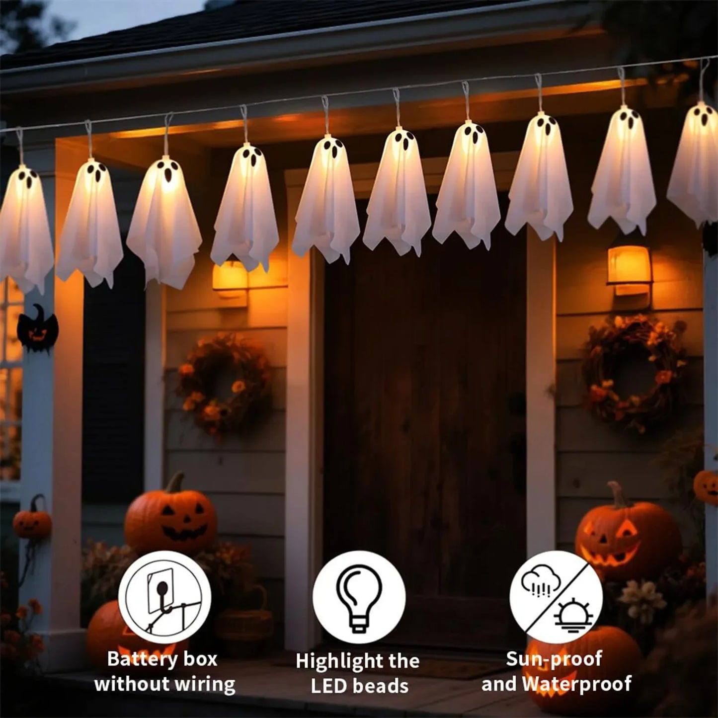 Ghost Halloween Lights, 8 Modes Waterproof String Garland, Indoor Outdoor Decorations for Party, Haunted House, Fireplace, Porch
