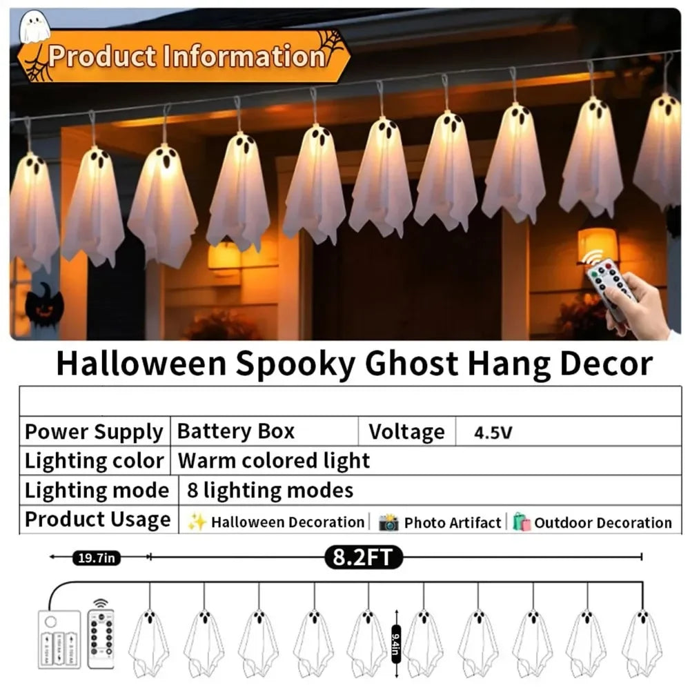 Ghost Halloween Lights, 8 Modes Waterproof String Garland, Indoor Outdoor Decorations for Party, Haunted House, Fireplace, Porch