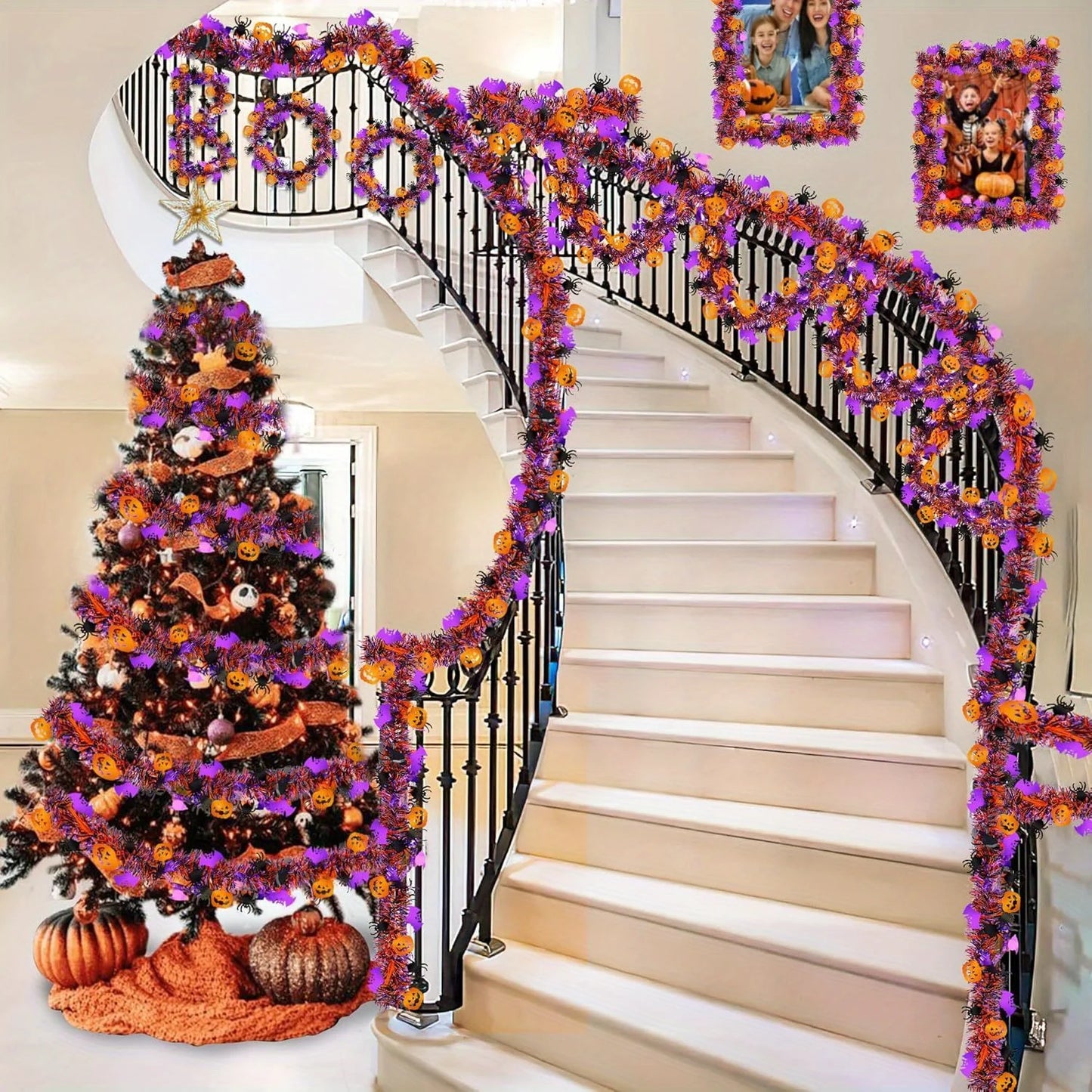 2m Halloween Tinsel Garland with Orange Pumpkins, Black Spiders & Purple Bats - Shiny Metallic Twist Garland