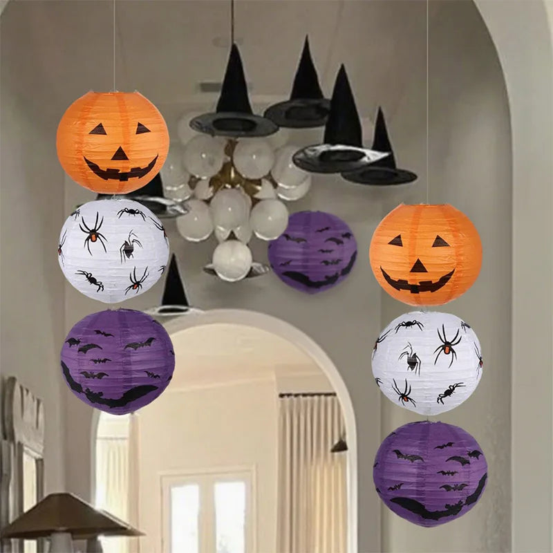 6pcs Halloween Paper Lanterns Pumpkin Spider Bat Theme Party Decorations For Halloween Outdoor Indoor Festive Atmosphere Enhance