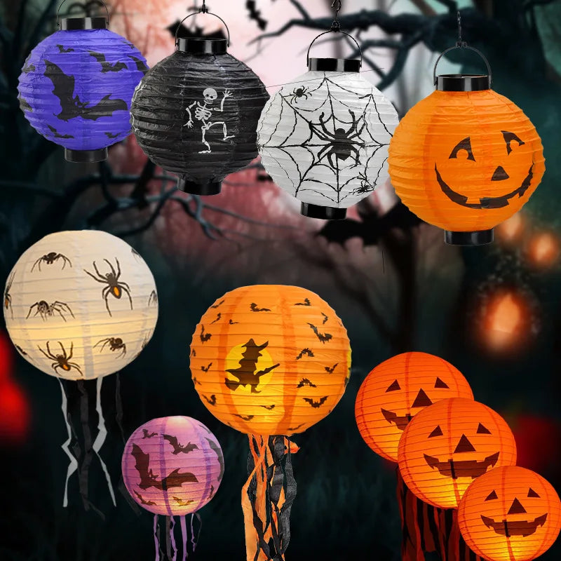 Halloween Paper Lanterns Equipped With Yellow Light Pumpkin Spider Skeleton for Halloween Party Decoration Indoor Outdoor Party